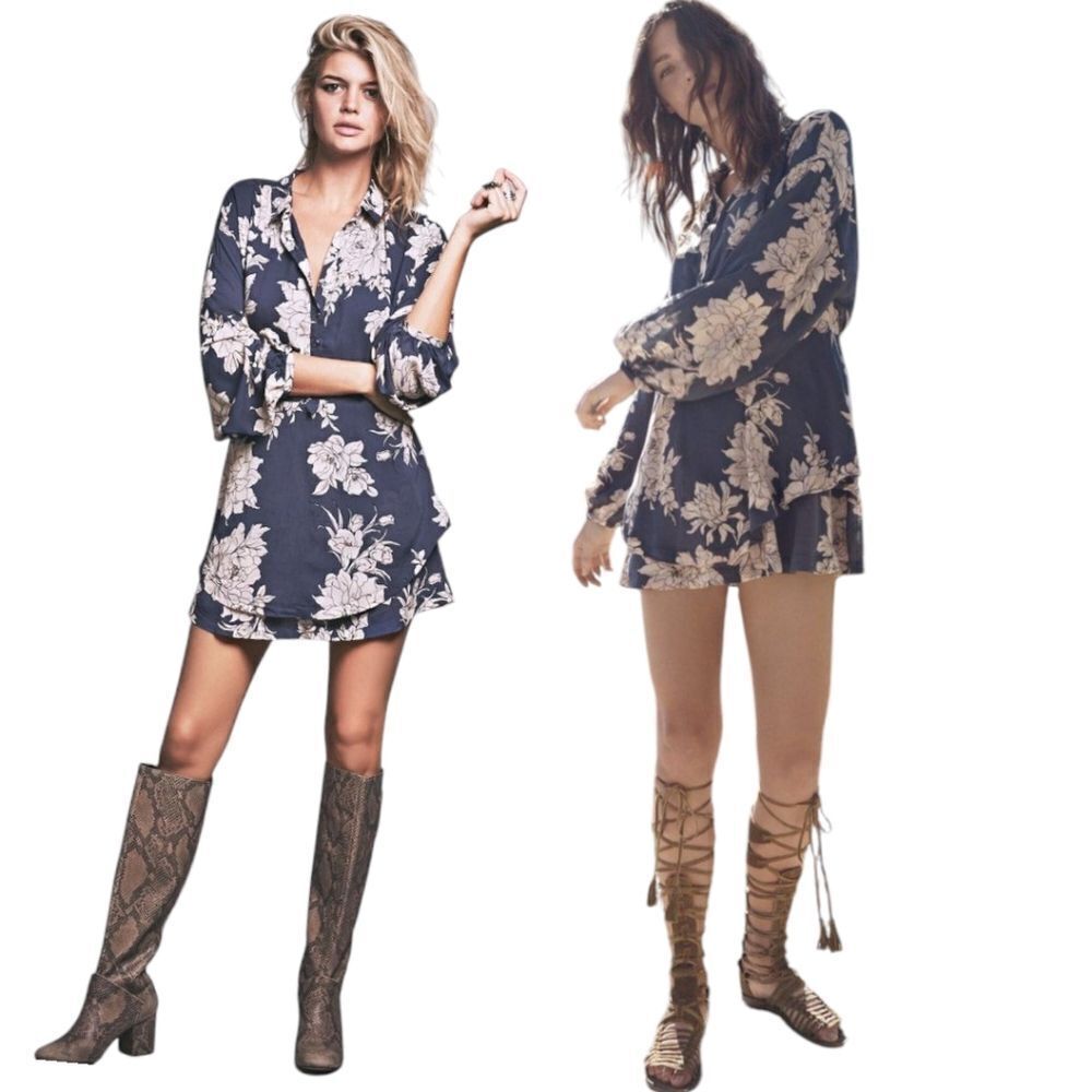 Free People Blue  Floral SHAKE IT  Flowy Dress Size S With Pockets